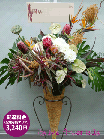 開店祝いの花 高さ150cm以上のスタンド花一番人気のお祝い花　ネイティブフラワー　プロテアを使ったダイナミックでおしゃれなスタンド花