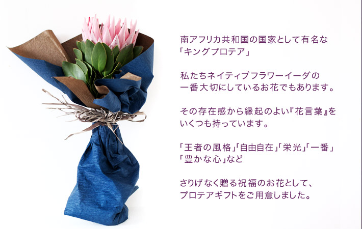 プロテアギフト　ネイティブフラワーイーダ　東京二子玉川の花屋　一番　王者の風格　花言葉